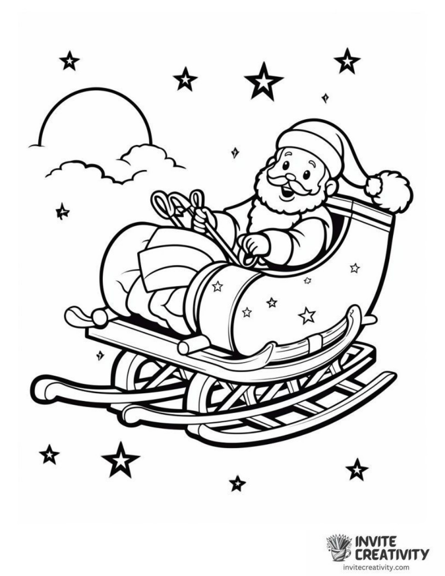 Santa on a Sled with Gifts Flying at Night