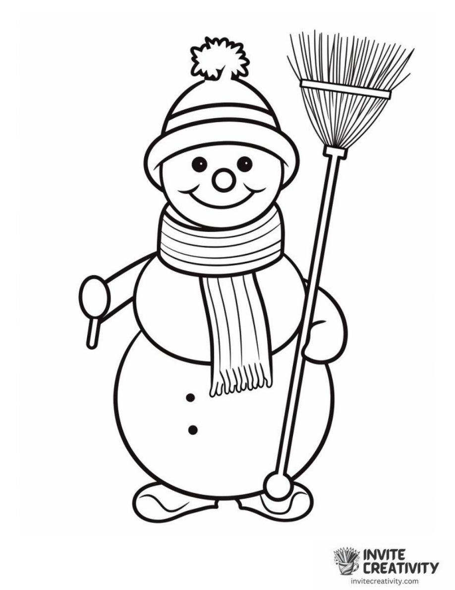 Snowman Holding a Broom Coloring Page of