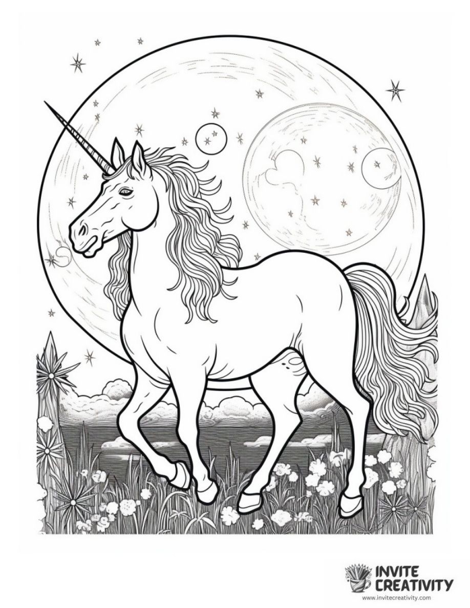 Unicorn at Night with Full Moon